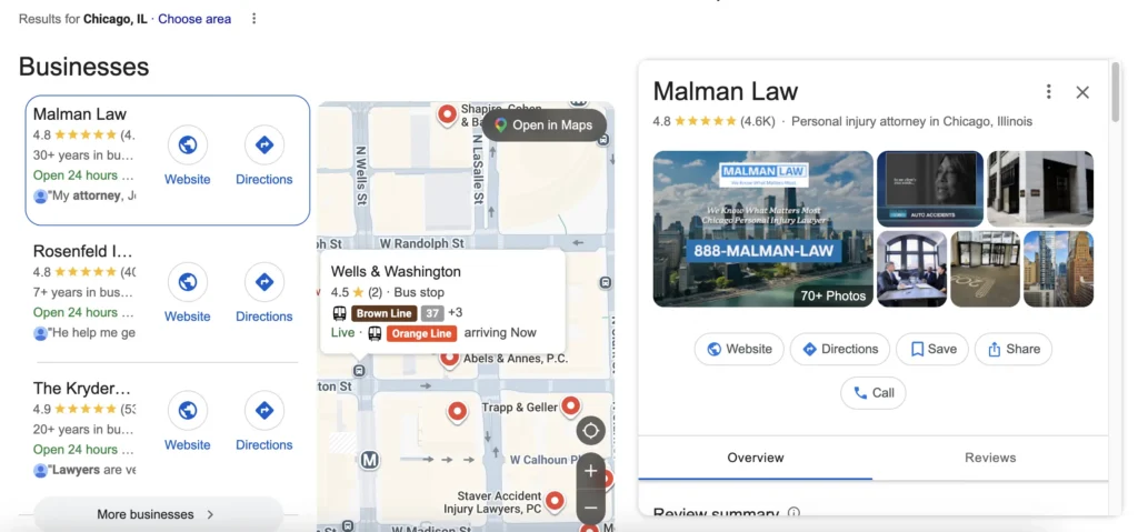 Google Business Profile listing for a personal injury law firm with reviews
